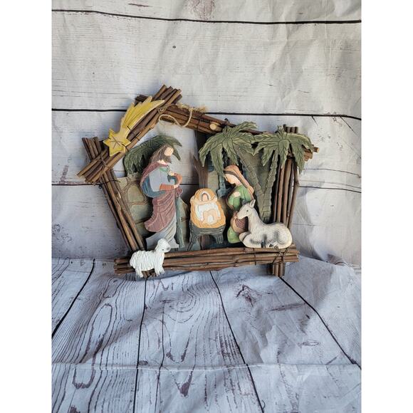 Wood Carved Christmas Nativity Hanging Hand Painted Jesus Mary Joseph Rustic 16" - Picture 1 of 9
